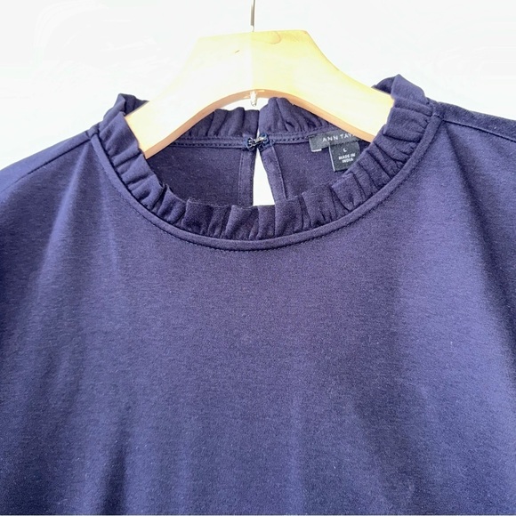 2 for $26 Ann Taylor Navy Blue High Ruffle Neck and Cuff Long Sleeve Tee Large - Picture 4 of 7